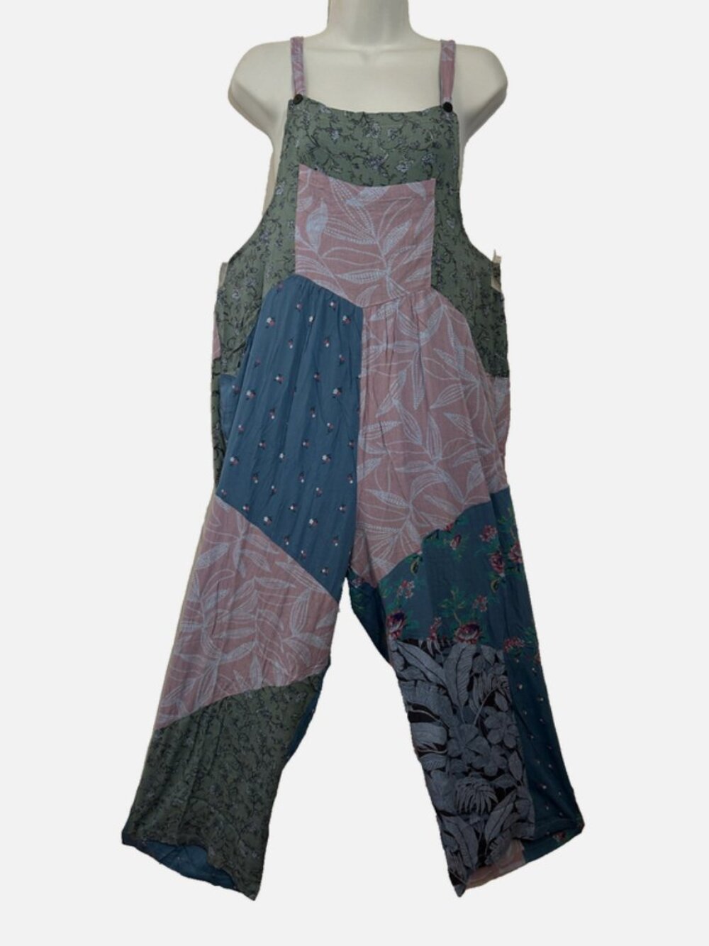 Nwt SACRED THREADS patch floral hippie rayon OVERALLS ROMPER JUMPSUIT JUMPER 1X